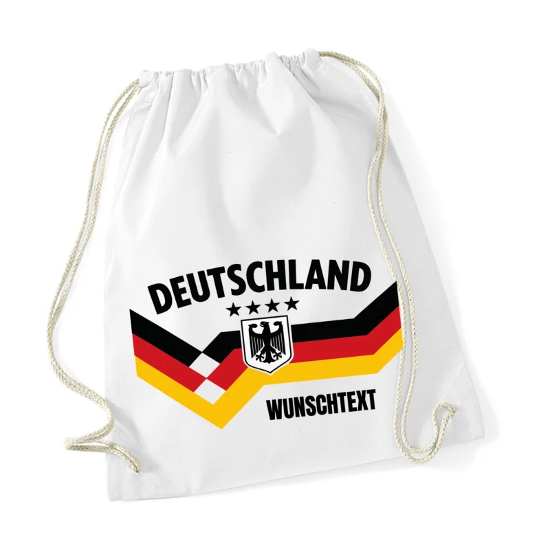Deutschland Turnbeutel Fußball – Turnbeutel Deutschland Flagge – Fanartikel EM WM Public Viewing – Gym Bag mit Wunschtext personalisiert oder ohne – Rucksack Beutel Herren Damen Weiß