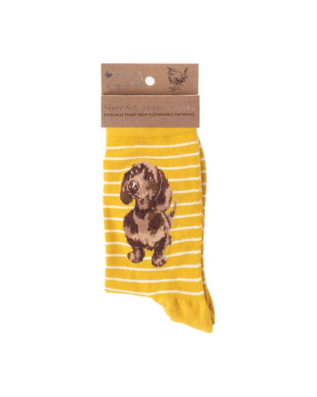 Gelb gestreifte weiche Dackel Socken aus Bambusviscose von Wrendale Designs mit der braunen Verpackung vor weißem Hintergrund.