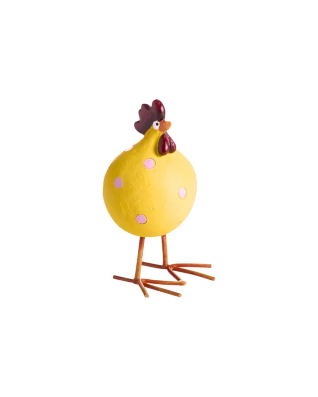 Kleines Huhn „Poppy mit Beinen“ von Nääsgränsgården in Gelb mit Punkten und Drahtbeinen freigestellt