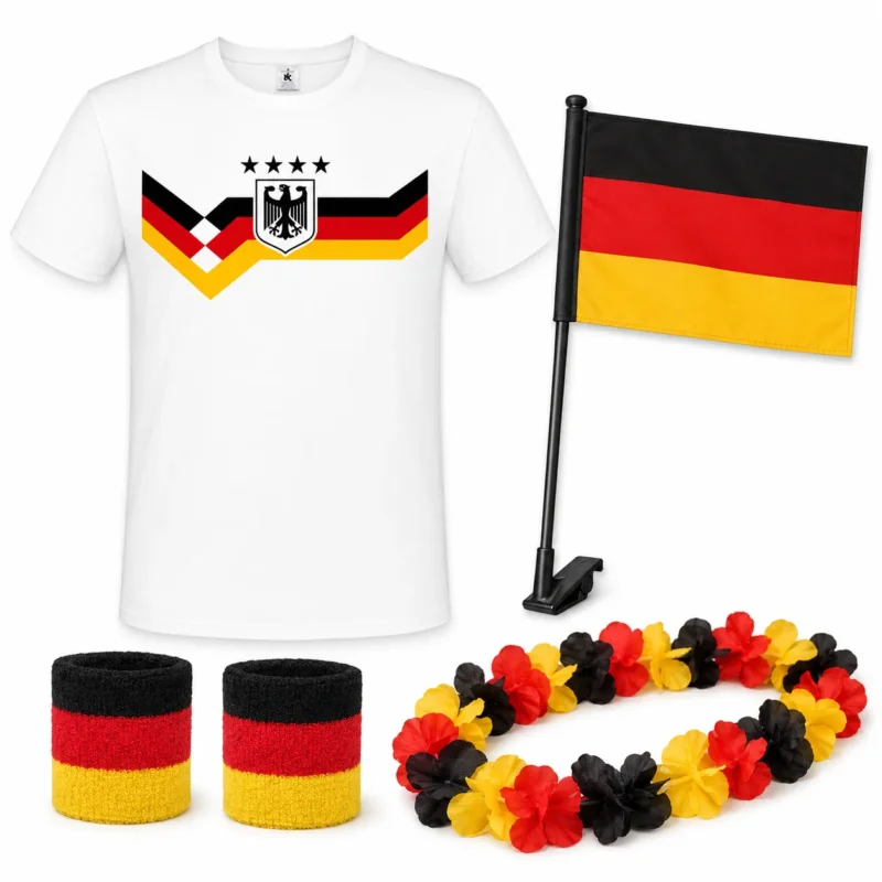 Deutschland Fan Set mit T Shirt, Autoflagge, 2 Schweißbändern und Hawaiikette, Fan Outfit für Fußball, Public Viewing, Fanparty, Schwarz Rot Gold, Herren Damen S - 5XL