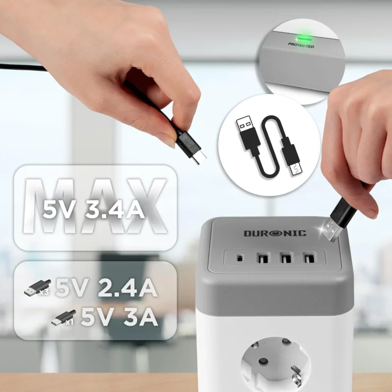 Duronic ET12C Steckdosenwürfel USB Leistung USB C Anschluss 3 USB A Anschlüsse