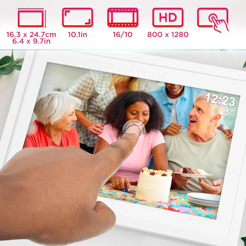 Duronic PF2A WE digitaler Bilderrahmen Frontansicht Touchdisplay HD Auflösung Mildformat Displaygröße Maße