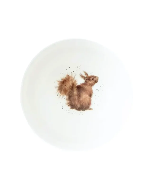 Eichhörnchen Bowl "Royal Worchester" von Wrendale Designs vor weißen Hintergrund. Der Teller selbst ist weiß. Das Motiv zeigt ein Eichhörnchen welches neugierig nach hinten in die Kamera schaut.
