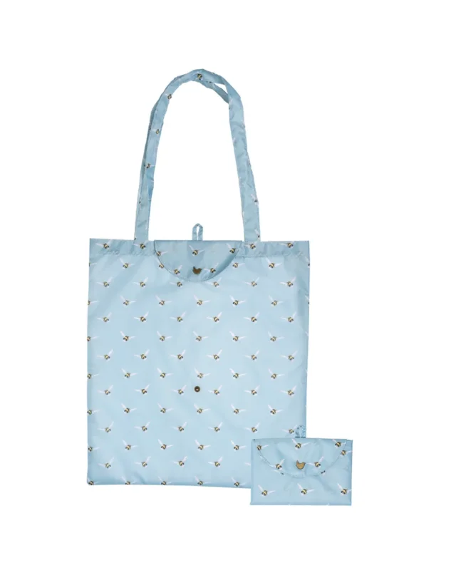 Hellblaue Hummel Einkaufstasche Busy Bee von Wrendale Designs mit lebhaften Hummelmotiven im Flug von Hannah Dale.