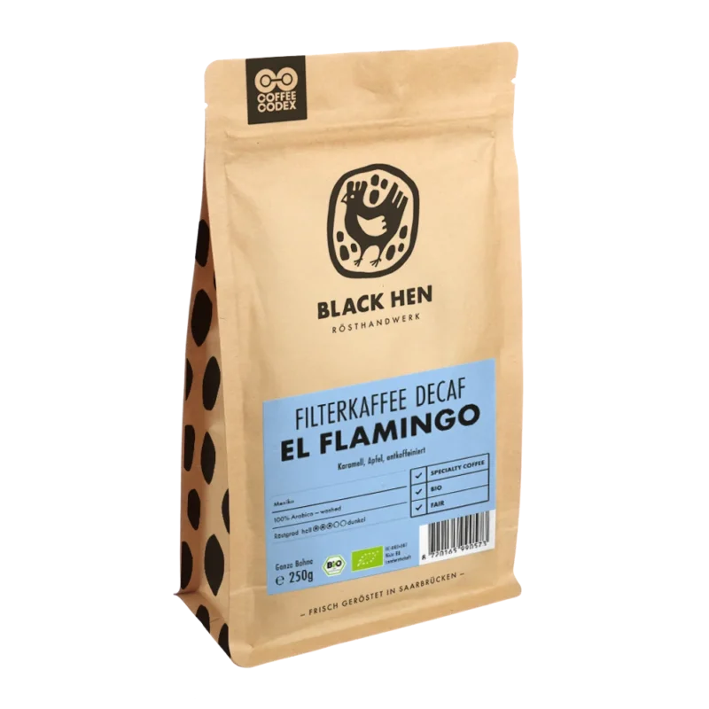 Bio Kaffee entkoffeiniert EL FLAMINGO in brauner Tüte mit blauem Etikett auf der Vorderseite.
