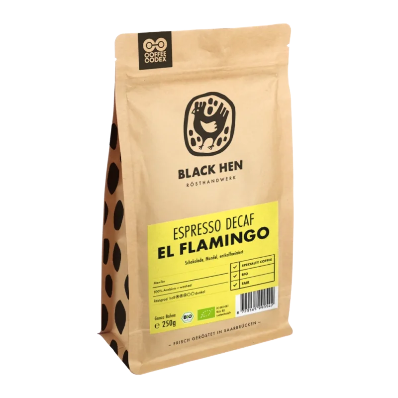 Bio Espresso entkoffeiniert EL FLAMINGO in einer braunen Tüte vor weißem Hintergrund.