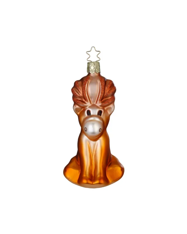 Brauner, handgefertigter Elch Weihnachtsbaumschmuck von Inge Glas mit Glitzer Highlights im Geweih.