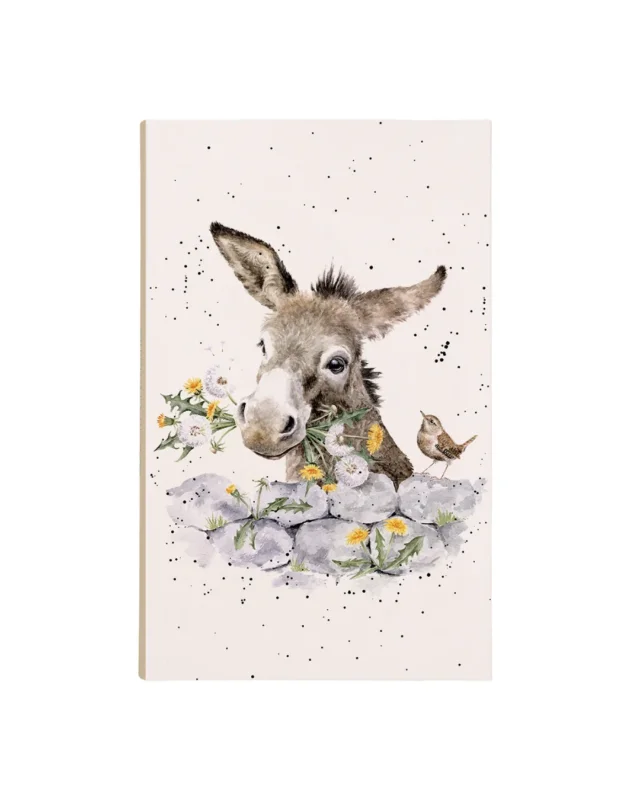 Esel Notizblock „Fine and Dandy“ von Wrendale Designs mit Illustration eines Esels mit Wildblumen und kleinem Vogel vor hellem Hintergrund.