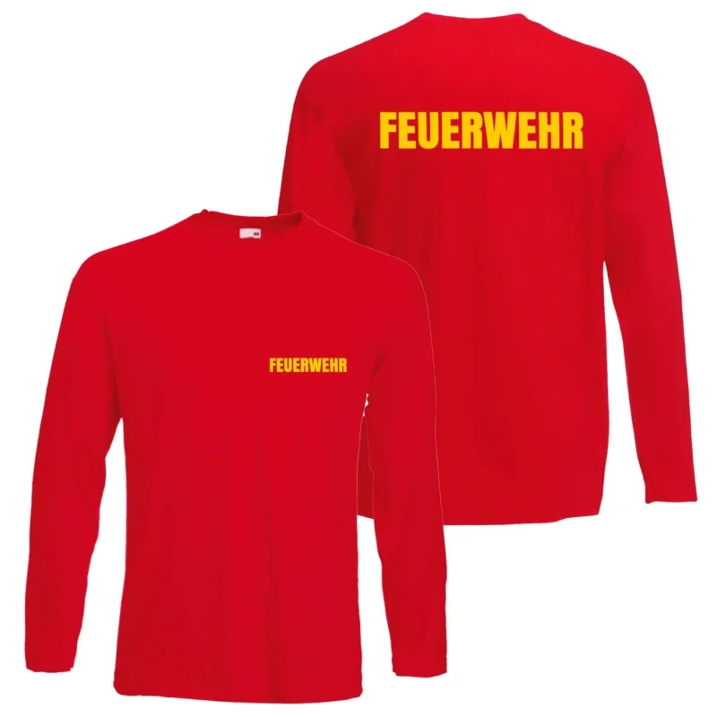 Feuerwehr Pullover Sweatshirt Rot mit Brust und Rücken Druck in Gelb Unisex Pulli Sweater Dienstbekleidung für Herren und Damen Größen S bis 3XL Feuerwehr Kleidung