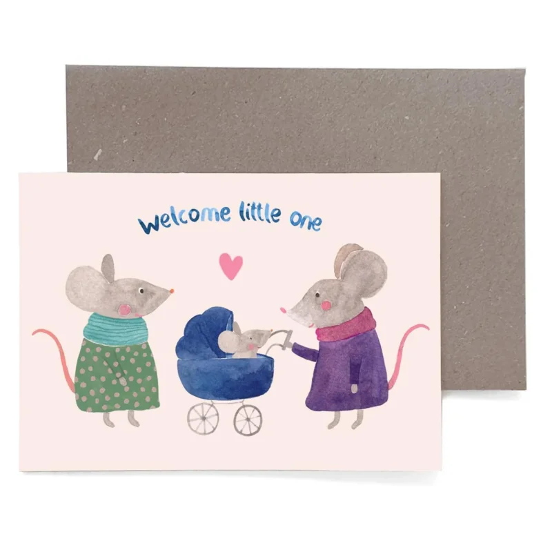 Klappkarte zur Geburt von Frau Ottilie_Welcome little one mit Mäusefamilie