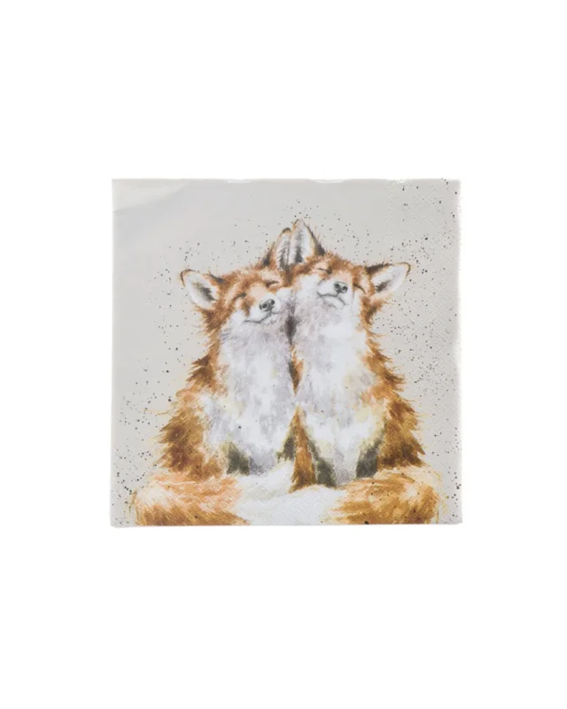 Die Fuchs Cocktailservietten „Contentment Foxes“ von Wrendale Designs zeigen zwei aneinandergeschmiegte Füchse in einer ruhigen Aquarellillustration auf hellem Hintergrund.