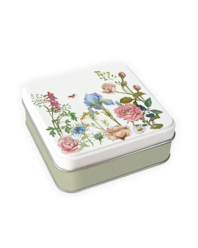 Geschenkdose "Rosengarten" von Grätz Verlag vor weißen Hintergrund. Das Motiv besteht aus verschiedenen Rosen und Pflanzen.