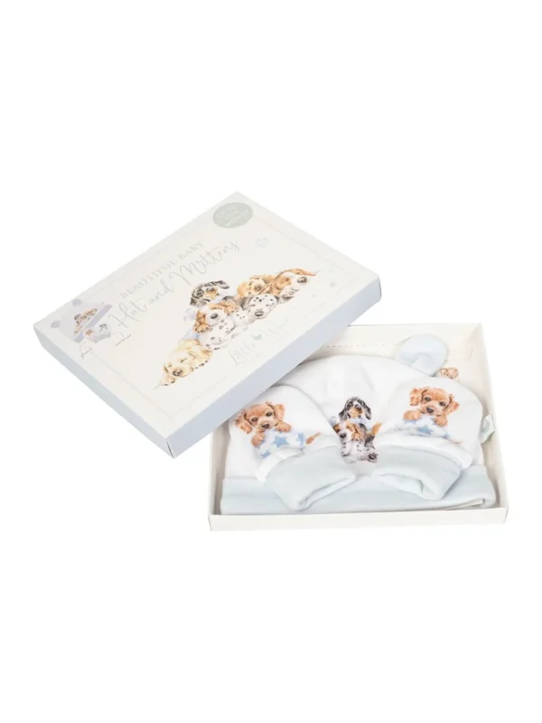 Geschenkset mit Baby Mütze und Handschuhe mit Hundewelpen als Motiv von Wrendale Designs