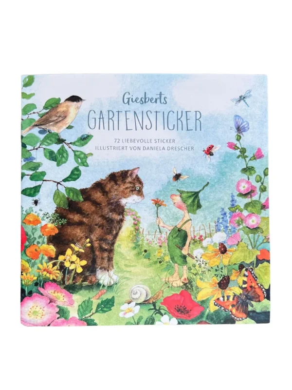 Cover des Stickerhefts „Giesberts Gartensticker“ mit Katze, Blumen, Insekten und Gartenfigur in Aquarelloptik