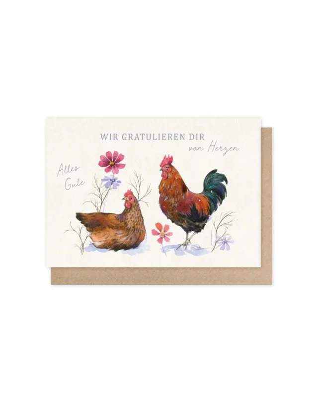 Illustration der Geburtstagskarte „Wir gratulieren dir von Herzen“ vom Grätz Verlag mit einer Henne und einem Hahn, umgeben von Blumen, Schriftzügen „Wir gratulieren dir von Herzen“ und „Alles Gute“, auf hellem Hintergrund, inklusive braunem Umschlag.