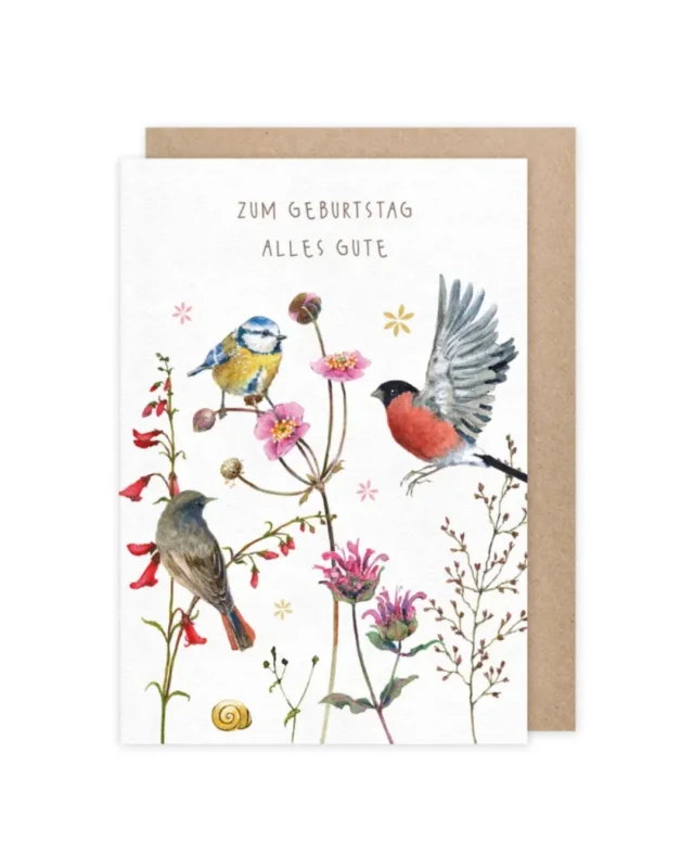 Die Grußkarte "Zum Geburtstag Alles Gute" vom Grätz Verlag zeigt verschiedene Singvögel und bunte Blumen illustriert von Daniela Drescher. Hausrotschwanz, Blaumeise und Dompfaff flattern und sitzen zwischen bunten Halmen, Blüten und Gräsern. Ein Schneckenhaus ist ebenfalls unten im Bild zu sehen. "Zum Geburtstag alles Gute" steht im oberen Bildzentrum.