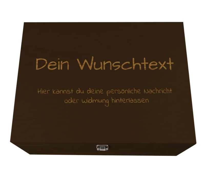 Holzkiste dunkelbraun personalisiert mit Gravur – Edle Geschenkbox aus Holz mit Wunschtext – Personalisierbare Holzbox für Wein, Andenken oder Geschenke – Individuelle Gravur Geschenkidee für besondere Anlässe