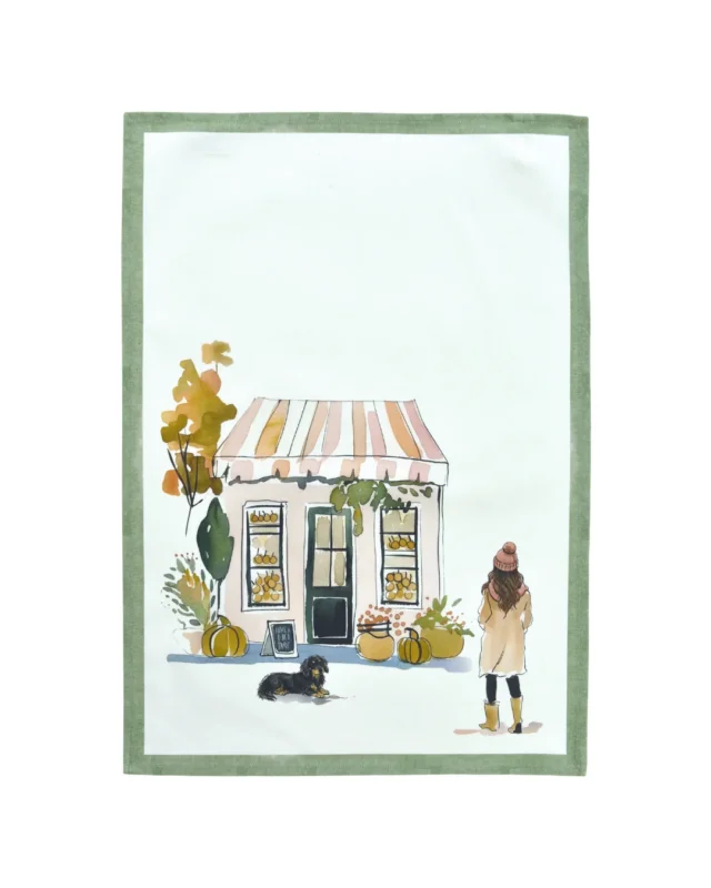 Herbst Geschirrtuch "Le Chien Cuisine" von Sander Table + Home mit Hund vor Gemüsegeschäft in Aquarelloptik.