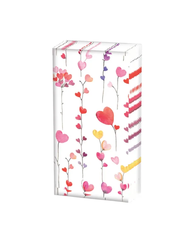 Abgebildet ist eine Schachtel mit Herzchen Taschentüchern „Hearts Garlands“ von Ambiente, auf der eine Girlande aus zierlichen, naturnahen Herzchen in Rosé-, Korallen- und Lavendeltönen zu sehen ist. Die Schachtel steht aufrecht auf einem hellen Hintergrund.