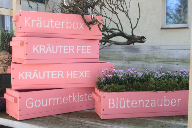 Blumenkasten " Das Original von Dekorie " aus Holz mit Schriftzug und Holz Griffen 50 - 90 cm breit / 19,5 cm tief / in rosa / pink