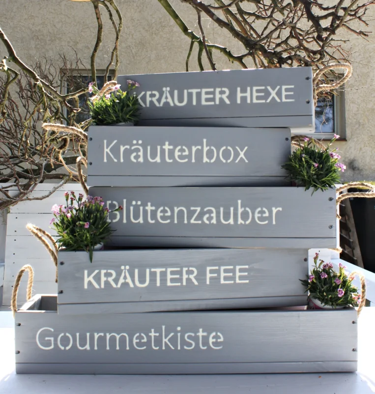 Blumenkasten " Das Original von Dekorie " aus Holz mit Schriftzug und Leinen Griffen 50 - 90 cm breit / 19,5 cm tief / in grau