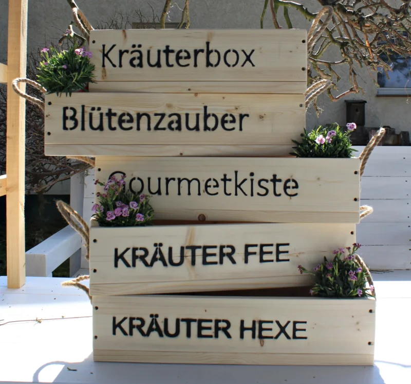 Blumenkasten " Das Original von Dekorie " aus Holz mit Schriftzug und Leinen Griffen 50 - 90 cm breit / 19,5 cm tief / in natur