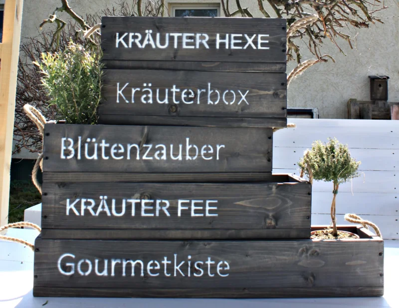 Blumenkasten " Das Original von Dekorie " aus Holz mit Schriftzug und Leinen Griffen 50 - 90 cm breit / 19,5 cm tief / in schwarz