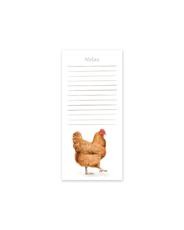 Notizblock „Catwalk Chicken“ von Maluu mit braunem Huhn auf weißem Hintergrund