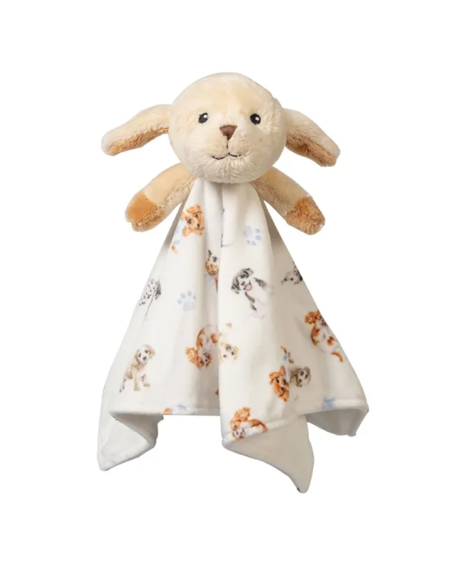 Hunde Schnuffeltuch "Little Paws" von Wrendale Designs vor weißen Hintergrund. Der Kopf schaut fröhlich in die Kamera. Das Motiv des Tuchs besteht aus vielen kleinen verschiedenen Hunden.