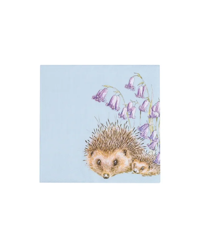 Cocktailservietten Love and Hedgehugs Awakening von Wrendale Designs mit zwei Igeln und lila Blüten auf blauem Hintergrund, Illustration von Hannah Dale