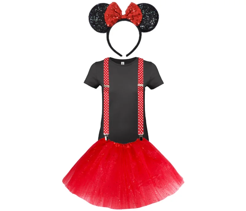 Mausohren Glitter Mouse Ohren Haarreif Glitzer Set mit Dots Punkte Hosenträger Rot & T-Shirt Schwarz Kv-252