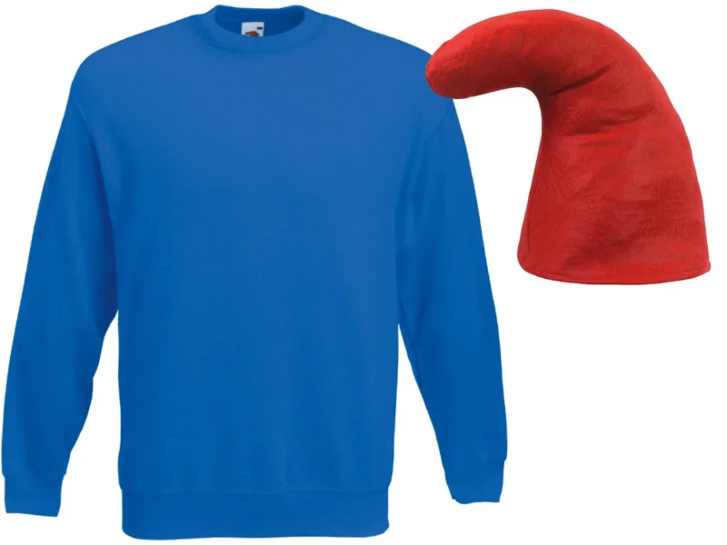 Zwergen Kostüm im Schlumpf-Stil – blauer Pullover mit roter Zwergenmütze – Verkleidung für Karneval & Fasching – Unisex Outfit für Erwachsene