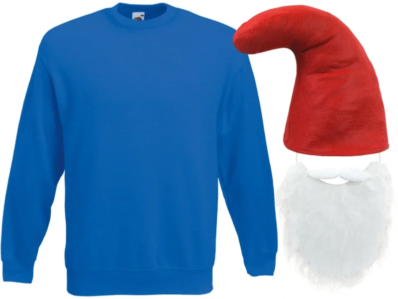 Zwergen Kostüm im Schlumpf-Stil – blauer Pullover mit roter Zwergenmütze & Bart – Verkleidung für Karneval & Fasching – Unisex Outfit für Erwachsene