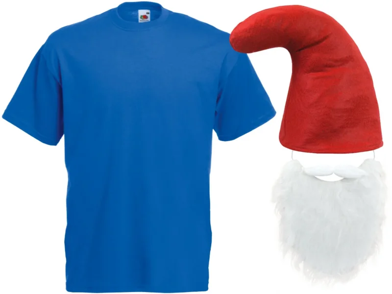 Zwergen Kostüm im Schlumpf-Stil – blaues T-Shirt mit roter Zwergenmütze & Bart – Verkleidung für Karneval & Fasching – Unisex Outfit für Erwachsene
