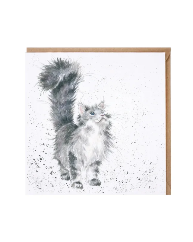 Die Katzen Grußkarte "Lady of the House" von Wrendale Designs zeigt eine schwarz/weiß/grau getigerte Langhaarkatze mit flauschigem Fell und neugierigem Blick. Die auf weißen Untergrund gemalte Katze wirkt durch Farbsprenklerhighlights besonders plastisch und real.
