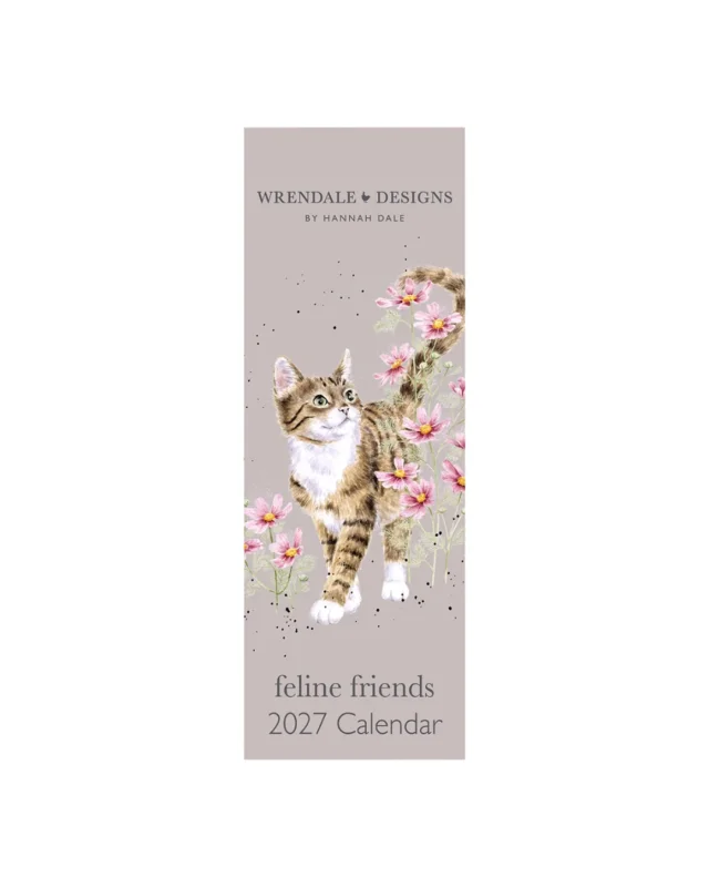 Katzen Streifenkalender 2027 "Feline Friends" von Wrendale Designs vor weißen Hintergrund. Das Motiv besteht aus einem grauen Hintergrund und einer Katze welche fröhlich durch eine Blumenwiese spaziert.