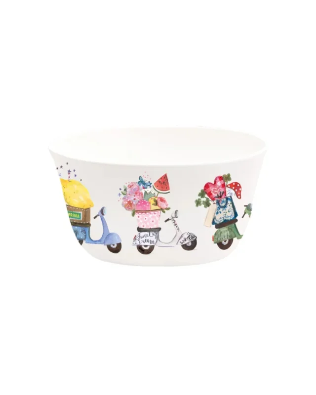 Die kleine Müslischale „Das Leben ist eine Reise“ vom Grätz Verlag zeigt drei Vespa-Motive mit verschiedenen Lieferungen: Obst, Snacks und Müsli. Die Schale steht auf weißem Hintergrund.