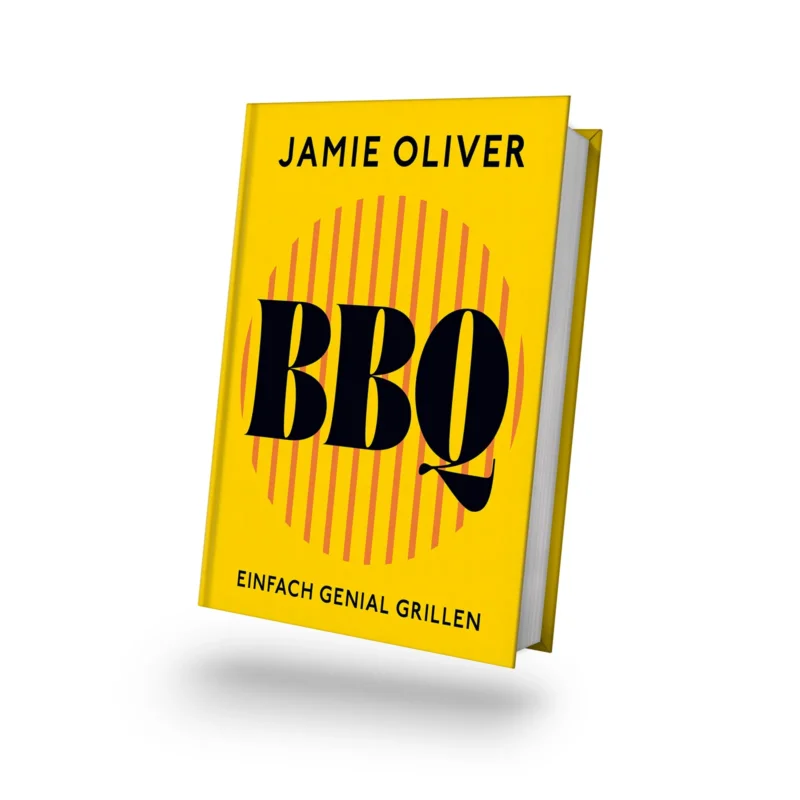 Jamie Oliver BBQ – Einfach genial grillen, das gelbe Grillbuch auf Deutsch, Buchcover von vorne sichtbar.