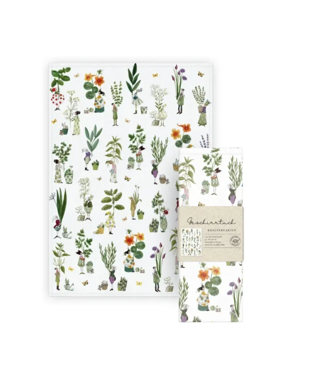 Küchentuch mit Kräutermotiven und kleinen Figuren im Illustrationsstil von Silke Leffler, Design „Kräutergarten“ vom Grätz Verlag