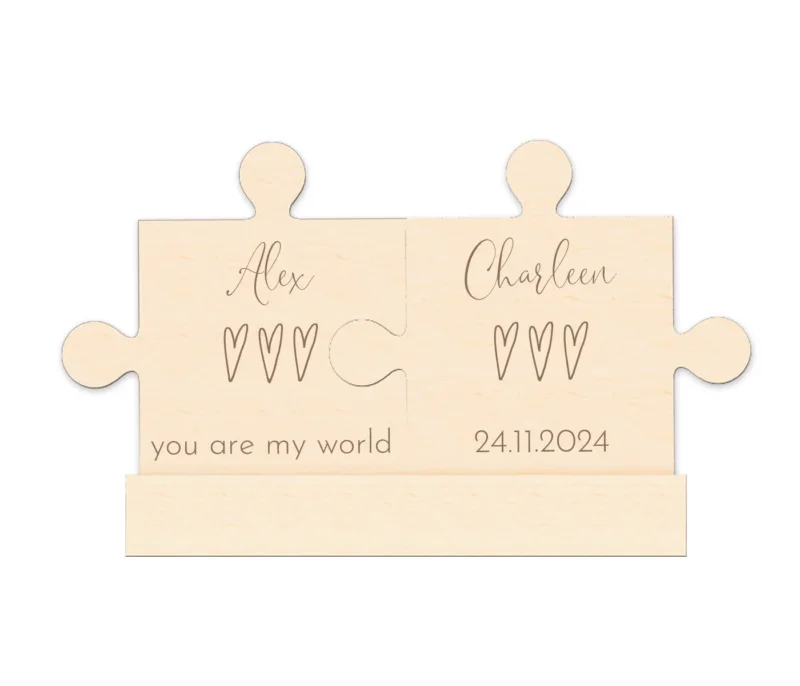 Puzzle-Teile aus Holz personalisiert - Partnerset mit Namen & Datum - Hochzeitsgeschenk, Jahrestag, Valentinstag - Graviertes Puzzle aus Birkenholz mit Sockel