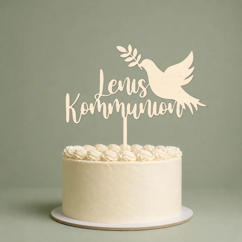 Cake Topper Kommunion Konfirmation personalisiert mit Name und Datum – Tortenstecker Holz mit Taube – nachhaltige Tortendeko Kuchen Deko – Größe 15–20 cm