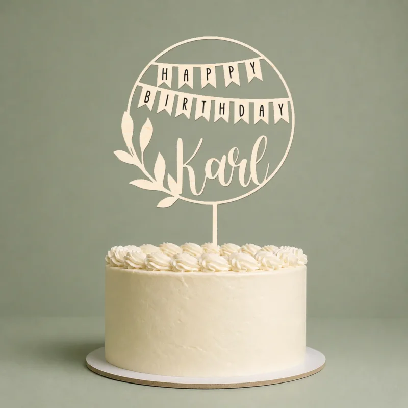 Tortenstecker Happy Birthday Geburtstag Kuchenstecker Cake Topper - Wimpel, Kuchendeko personalisierbar mit Namen - Größe: 15-25 cm, Holz oder Acryl