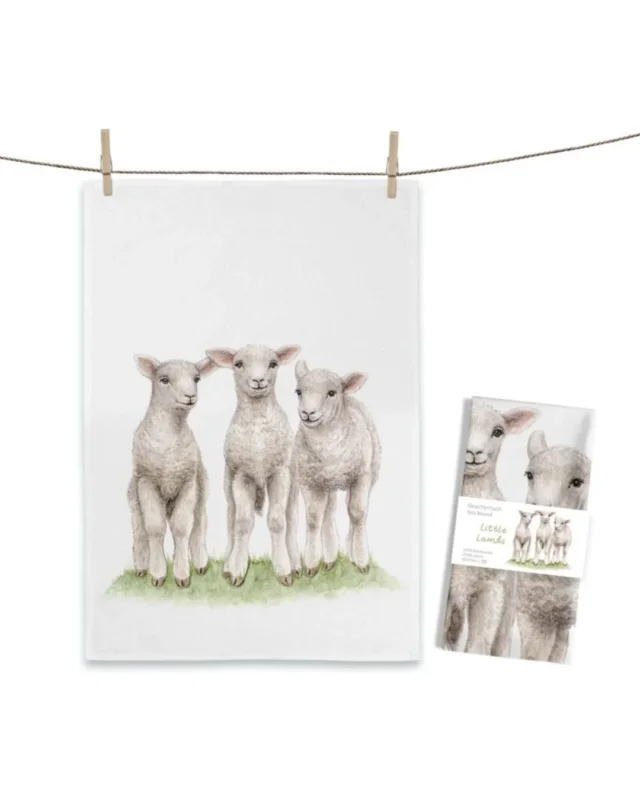 Lämmer Geschirrtuch Little Lambs von Maluu mit drei illustrierten Lämmern auf Wiese auf hellem Tuch an einer Leine aufgehängt