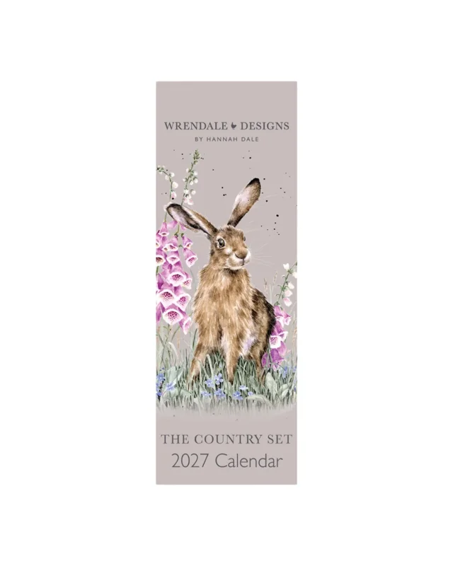 Landleben Streifenkalender "The Country Set" von Wrendale Designs vor weißen Hintergrund. Das Motiv besteht aus einem grauen Hintergrund und einem Hasen auf einer Blumenwiese.
