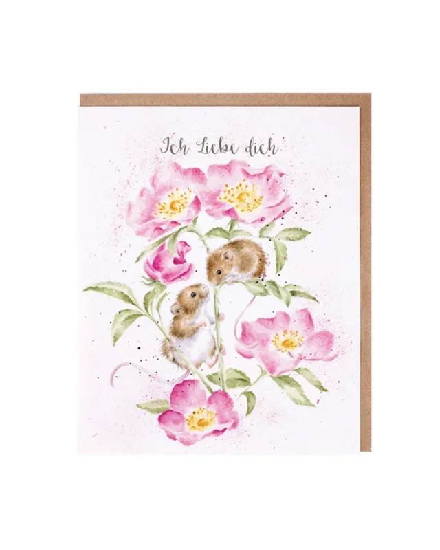 Mäuse Grußkarte von Wrendale Designs auf weißen Hintergrund. Auf dem Motiv sind 2 Mäuse zu sehen welche auf pink blühenden Blumen klettern. Oben steht "Ich liebe dich".