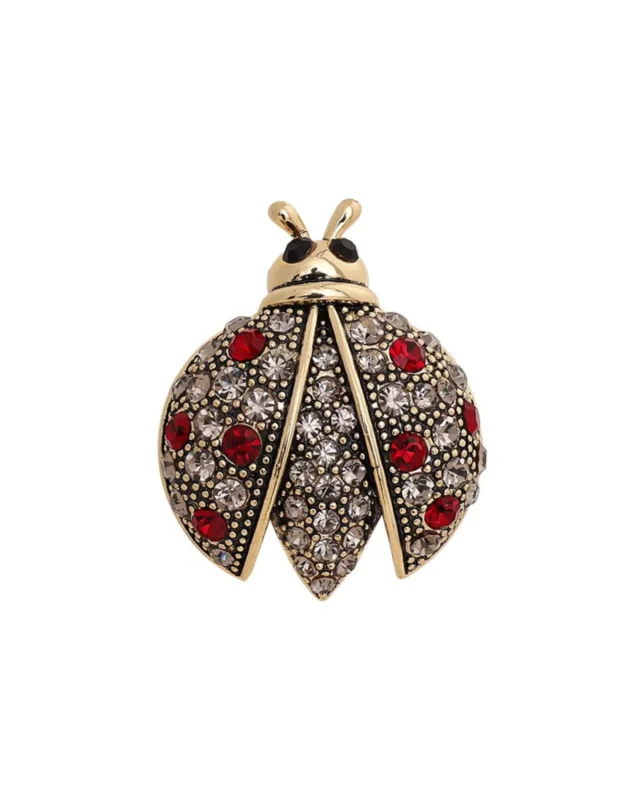 Goldene "Marienkäfer" Brosche von Dottilove vor weißen Hintergrund. Die Augen des Marienkäfers sind schwarze Steine und auf dem Rücken und denFlügeln sind viele kleine Diamant und Rubin ähnliche Steine. Die Flügeln des Marienkäfers sind halb geöffnet.