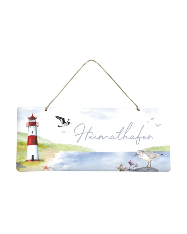 Metallschild Heimathafen vom Grätz Verlag mit harmonisch illustriertem Meer, Möwen und Leuchtturm auf weißem Hintergrund, Aufhängung mit Juteband.