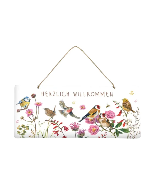 Metallschild Zeit für Harmonie vom Grätz Verlag mit bunt illustrierten Vögeln und Blumen auf weißem Hintergrund, Aufhängung mit Juteband.