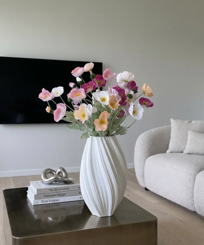 Kunstblumen-Bouquet Mohnblüten 8er in Weiß, Pink, Rosa und Coral aus der Serie Bloom – Nahaufnahme der Oberfläche
