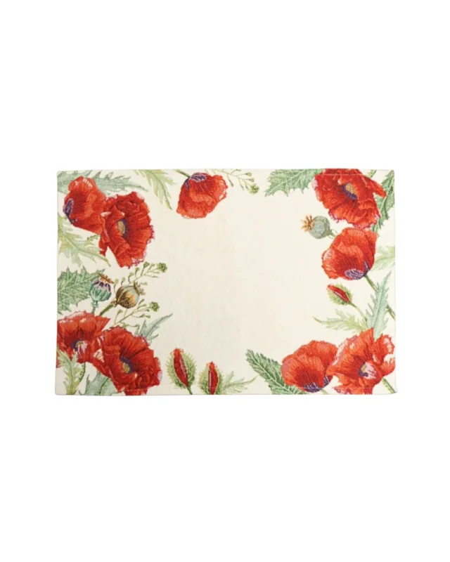 Mohnblumen Tischset Gobelin "Poppy Fields Tischset" von Sander vor weißen Hintergrund. Das Motiv zeigt eine weiße Fläche in der Mitte und viele rote blühenden Mohnblumen an den Seiten.